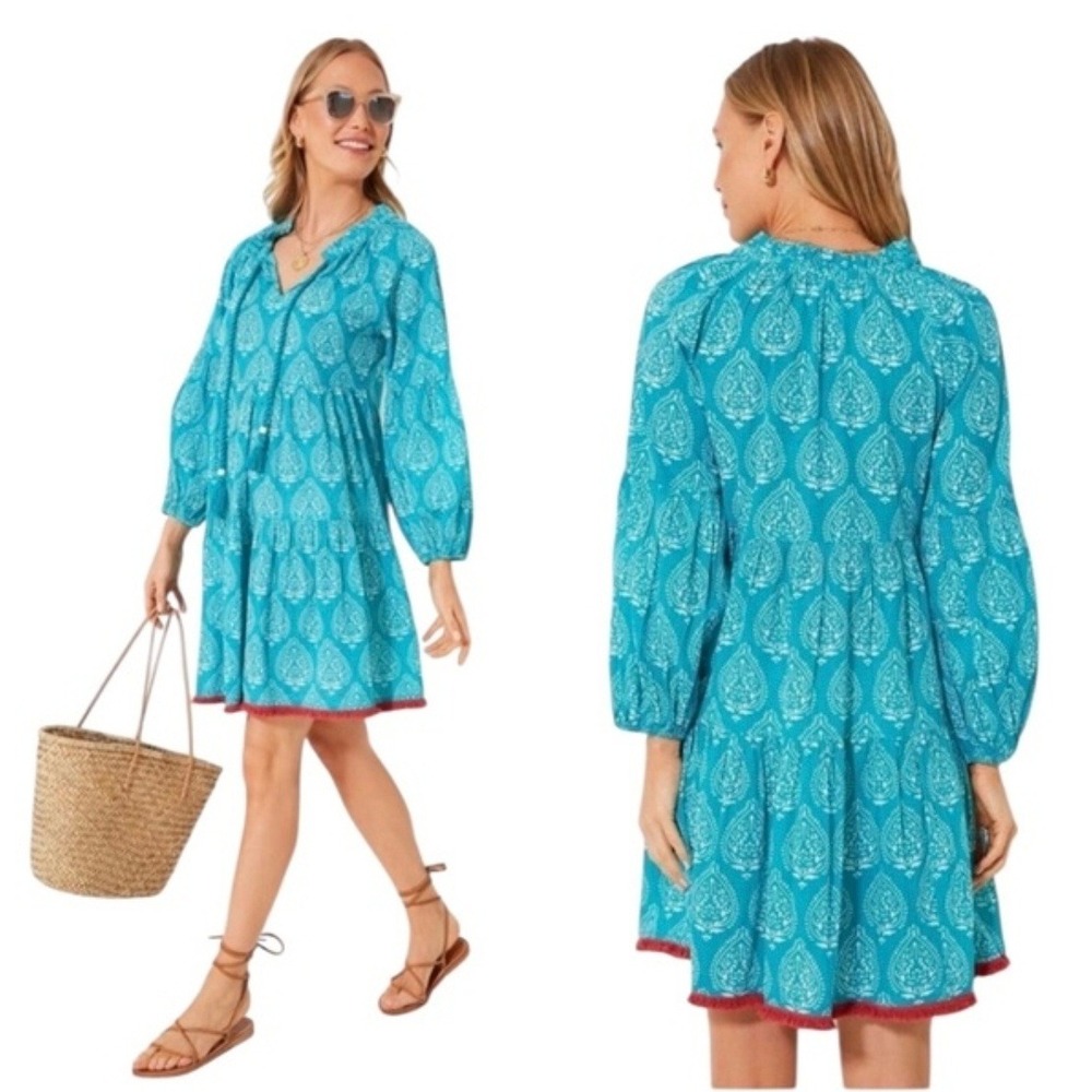 NWT Tuckernuck Tropical Teal Lantern Block Print Tie Neck Caftan Dress Large